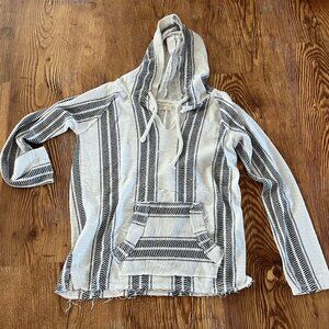 Ocean Drive Baja Beach Hoodie, White with Blue Stripes, Medium